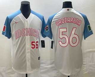 Mens Mexico Baseball #56 Randy Arozarena Number 2023 White Blue World Classic Stitched Jersey (2)